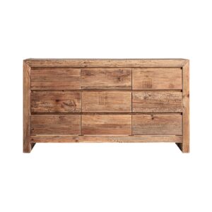 Aparador breive de estilo rústico fabricado en madera de pino reciclado en color marrón con acabado envejecido.