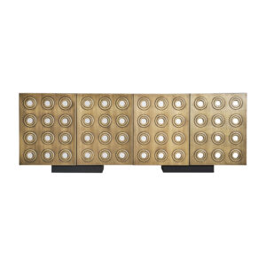 Aparador jeding de estilo art deco fabricado en hierro en color negro combinado con madera de mango en color oro y espejo.
