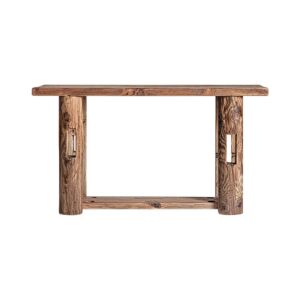 Consola breive de estilo rústico fabricado en madera de pino reciclado en color marrón con acabado envejecido. Producto desmontable.