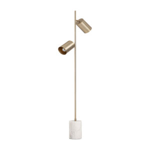 Lámpara de pie de estilo art deco fabricado en hierro en color blanco combinado con latón en color oro y mármol.