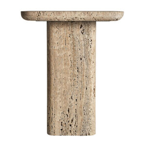 Mesa auxiliar fimland en color beige de estilo art deco. Fabricado en travertino. Producto desmontable.
