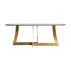 Mesa comedor jussey de estilo art deco fabricado en acero en color blanco combinado con porcelánico en color oro. Producto desmontable.