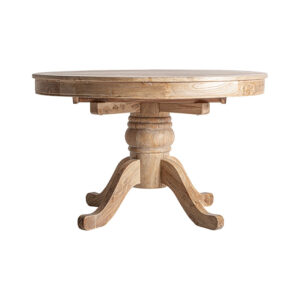 Mesa extensible redonda berca de estilo clásico fabricado en madera de olmo reciclado en color marrón. Madera proveniente de antiguas puertas por lo que puede haber imperfecciones. . Producto desmontable extensible.