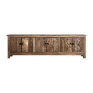 Mueble tv ansun de estilo oriental fabricado en madera de olmo en color marrón con acabado envejecido.