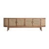 Mueble tv beckley de estilo nórdico fabricado en madera de mango en color marrón y mimbre. Producto desmontable.
