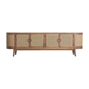 Mueble tv beckley de estilo nórdico fabricado en madera de mango en color marrón y mimbre. Producto desmontable.