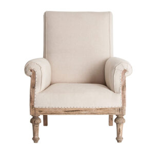 Sillón gore de estilo shabby chic fabricado en madera tropical en color crema combinado con poliéster.