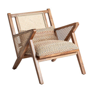 Sillón hickori de estilo boho fabricado en madera de mango en color marrón combinado con algodón y yute.