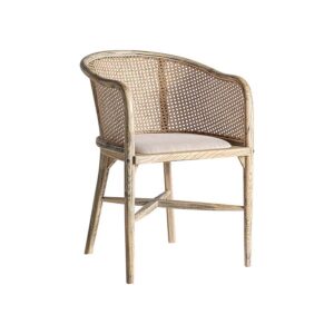 Sillón nuchis de estilo contemporáneo fabricado en madera abedul en color marrón combinado con lino.