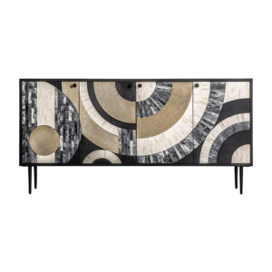 Aparador daru de estilo contemporáneo fabricado en madera dm en color negro combinado con hueso en color blanco y latón en color oro. Producto desmontable.