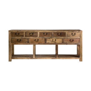 Consola ikast de estilo colonial fabricado en madera de pino reciclado en color marrón con acabado envejecido.