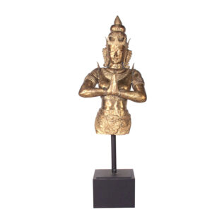 Figura decorativa diosa de estilo oriental fabricado en bronce en color oro combinado con hierro en color negro. Producto desmontable.