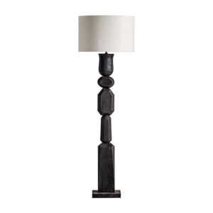 Lámpara de pie cogne de estilo contemporáneo fabricado en madera de mango en color negro combinado con yute en color crema.