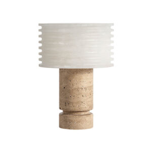 Lámpara de sobremesa de estilo art deco fabricado en cerámica en color blanco combinado con mármol en color beige y bronce. Producto desmontable.