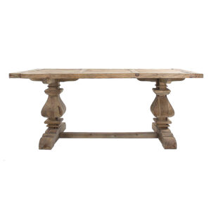 Mesa comedor abo de estilo rústico fabricado en madera de pino reciclado en color marrón con acabado envejecido. Producto desmontable.