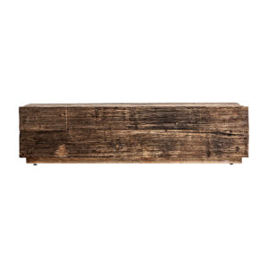 Mesa de centro carrik de estilo colonial fabricado en madera recuperada en color marrón.