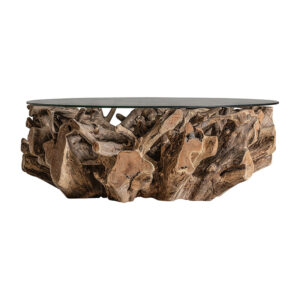 Mesa de centro redonda guelma de estilo étnico fabricado en madera de teka en color marrón combinado con cristal.