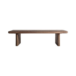 Mesa de centro toigne de estilo contemporáneo fabricado en madera tropical en color marrón con acabado envejecido.