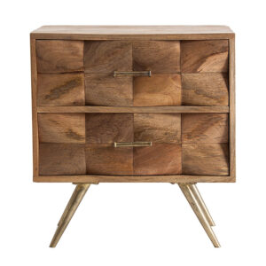 Mesita de noche kusel de estilo contemporáneo fabricado en hierro en color marrón combinado con madera de mango en color oro. Producto desmontable.