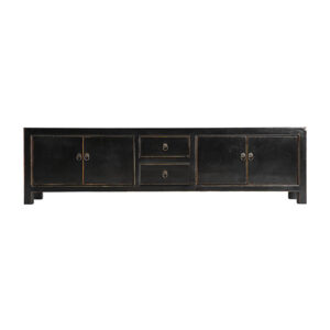 Mueble tv herborn de estilo oriental fabricado en madera de pino reciclado en color negro.