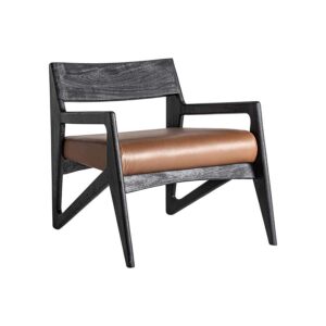 Sillón beslon de estilo contemporáneo fabricado en madera de acacia en color negro combinado con cuero en color marrón.