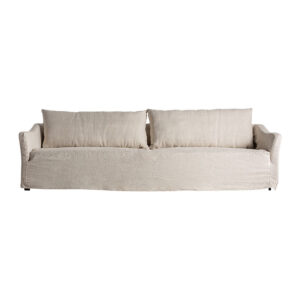 Sofá kemence de estilo contemporáneo fabricado en poliéster en color crema combinado con madera de pino. Producto desmontable desenfundable.