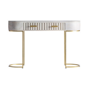 Consola glees de estilo art deco fabricado en madera de mango en color crema combinado con hierro en color oro y latón. Producto desmontable.