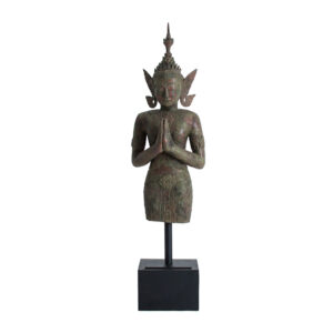 Figura decorativa de estilo oriental fabricado en bronce en color verde con acabado envejecido en color oro. Producto desmontable.