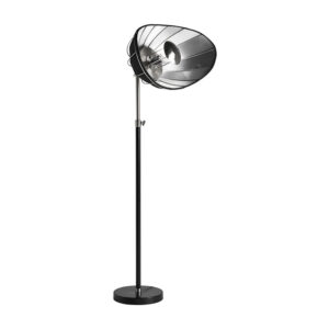 Lámpara de pie alia de estilo art deco fabricado en hierro en color negro combinado con acero en color plata y latón. Producto desmontable elevable.