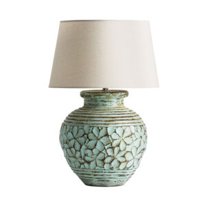 Lámpara de sobremesa de estilo shabby chic fabricado en terracota en color verde con acabado envejecido combinado con algodón en color blanco. Producto desmontable elevable.