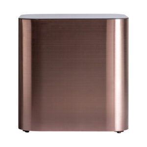 Mesa auxiliar redonda gmunden de estilo art deco fabricado en acero en color cobre combinado con mármol sintético.