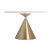 Mesa comedor freyung de estilo art deco fabricado en porcelánico en color blanco combinado con acero en color oro. Producto desmontable.