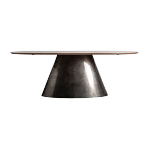 Mesa comedor warhem de estilo art deco fabricado en madera de mango en color marrón combinado con acero en color plata. Producto desmontable.