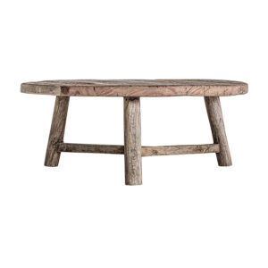 Mesa de centro samsun de estilo étnico fabricado en madera de pino reciclado en color marrón con acabado envejecido combinado con madera de teka reciclada y madera de mango reciclada. Acacia reciclada.