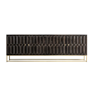 Mueble tv emly de estilo art deco fabricado en madera de mango en color marrón combinado con hierro en color oro.