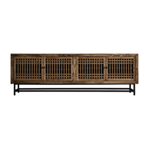 Mueble tv xuzhou de estilo oriental fabricado en madera de olmo en color negro combinado con hierro en color natural.