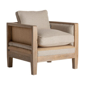 Sillón grube de estilo colonial fabricado en madera abedul en color marrón combinado con lino y yute. Producto desmontable desenfundable.