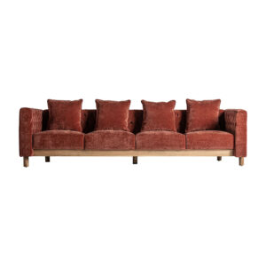 Sofá carlton de estilo art deco fabricado en poliéster en color burdeos combinado con madera de pino en color marrón y espuma. Producto desenfundable.