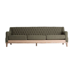 Sofá oze de estilo vintage fabricado en madera de fresno en color verde combinado con loneta y yute. Producto desenfundable.