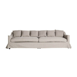 Sofá perlez de estilo colonial fabricado en madera de pino en color negro combinado con madera de caucho y poliéster en color beige. Producto desmontable desenfundable.