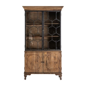 Vitrina lavik de estilo industrial fabricado en madera de pino reciclado en color negro con acabado envejecido combinado con hierro en color natural y cristal. Producto desmontable.