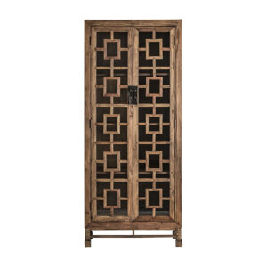 Vitrina lisbro de estilo colonial fabricado en madera de pino reciclado en color marrón combinado con hierro y cristal.