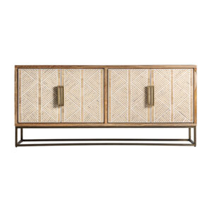 Aparador laugna de estilo art deco fabricado en madera de mango en color marrón claro combinado con hueso y hierro.