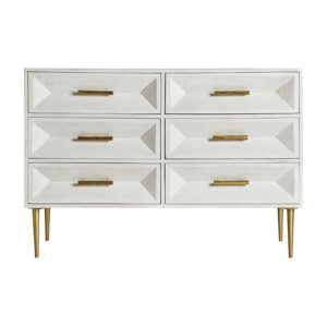 Cómoda kempten de estilo art deco fabricado en madera de mango en color crema combinado con madera dm en color oro con acabado viejo y hierro. Producto desmontable.