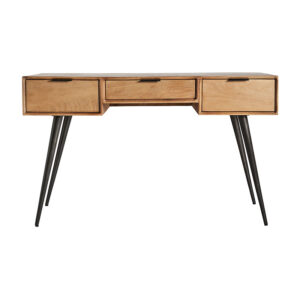 Escritorio Sered de estilo colonial fabricado en hierro en color negro combinado con madera de mango en color marrón. Producto desmontable.