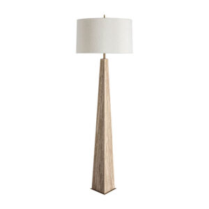 Lámpara de pie Tetbury de estilo art deco fabricado en mármol en color beige combinado con hierro en color oro con acabado bronce y algodón bouclé en color blanco. Producto desmontable.