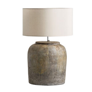 Lámpara de sobremesa sigrid de estilo colonial fabricado en terracota en color gris con acabado envejecido combinado con algodón en color blanco roto. Producto desmontable. Compatible con: 25560 35490.