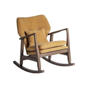 Mecedora kelly de estilo contemporáneo. Fabricado en madera de fresno en color marrón mate combinado con poliéster en color ocre jaspeado.