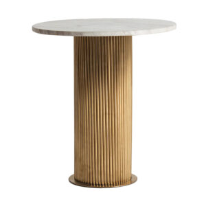 Mesa auxiliar Coen de estilo contemporáneo fabricado en acero en color blanco combinado con mármol sintético en color oro.