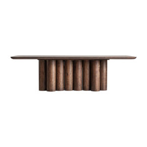 Mesa comedor beke de estilo art deco fabricado en madera de acacia en color marrón con acabado natural. Producto desmontable.